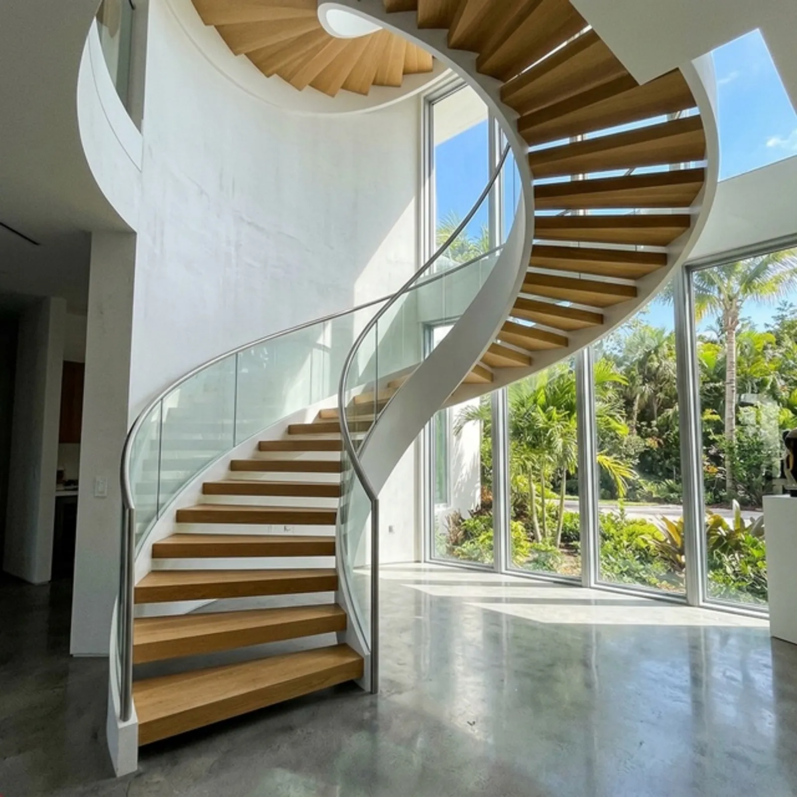 Curved floating staircase with clean metal railing in a Houston interior