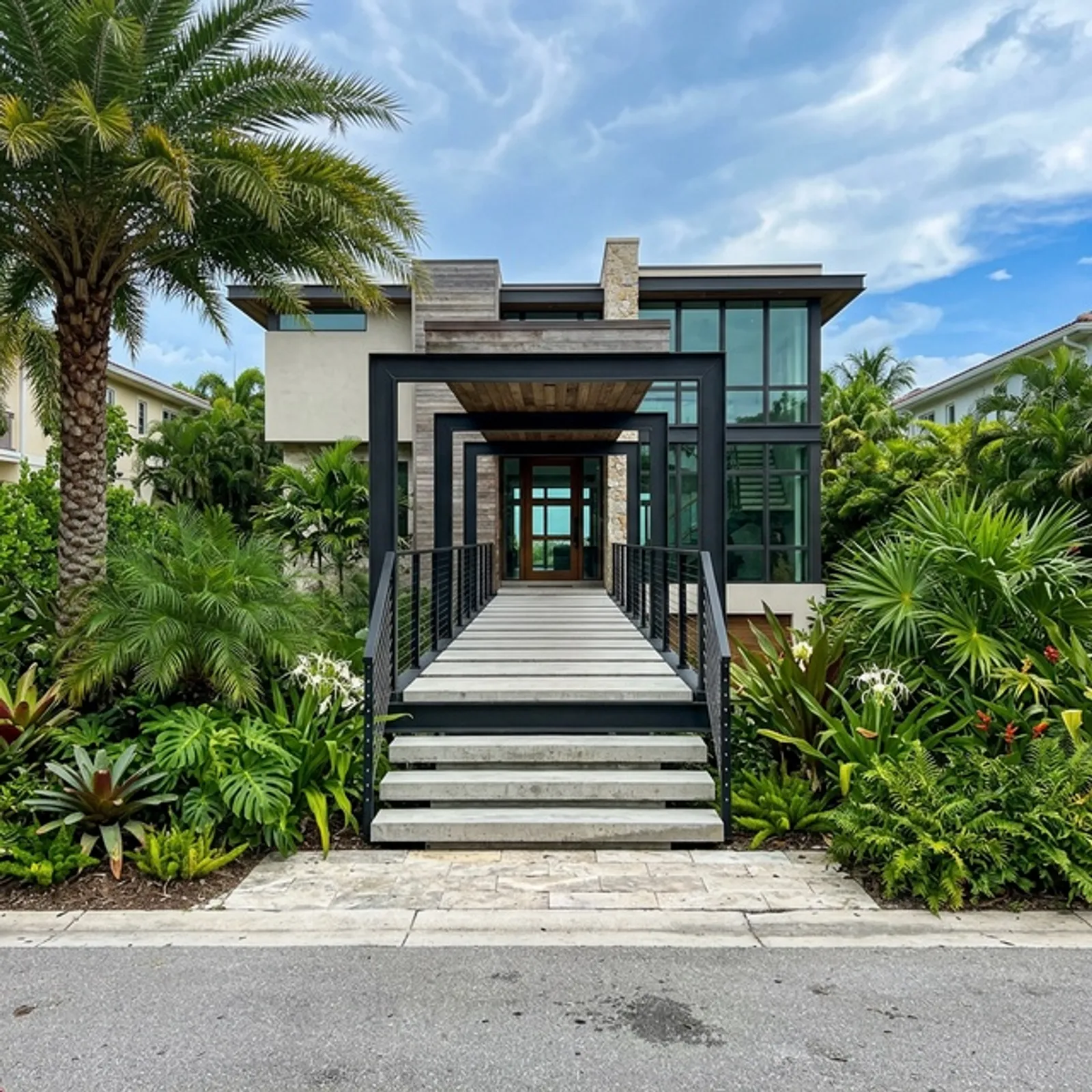 Exterior floating stair entryway designed for Houston heat and subtropical humidity