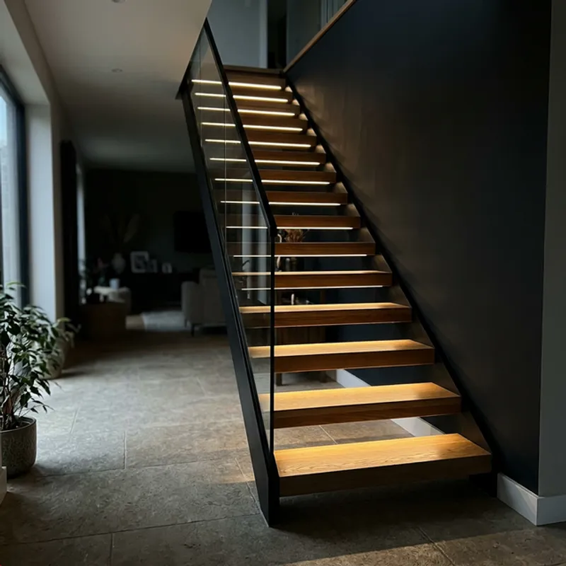 LED integrated floating staircase lighting in Houston home