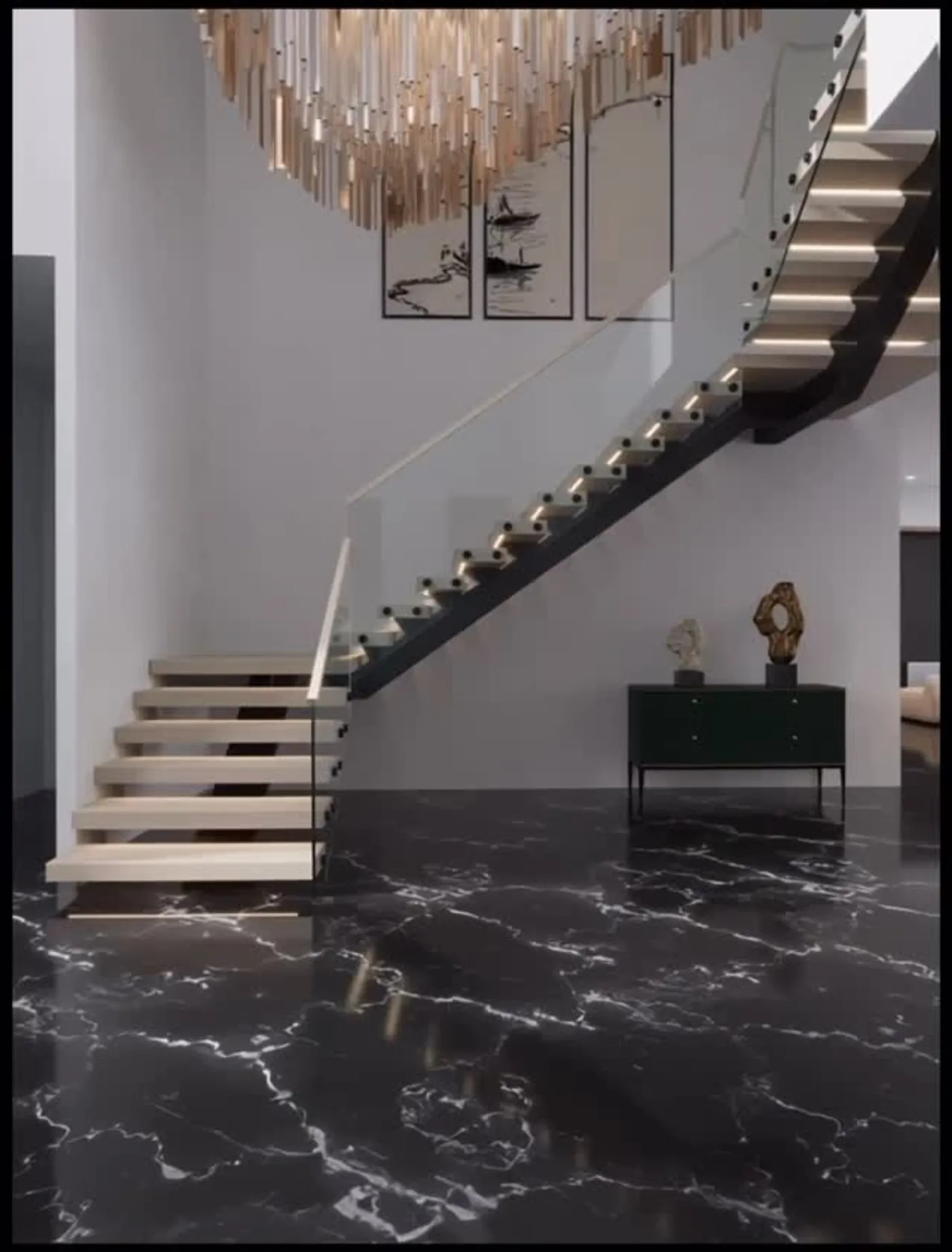 Custom floating staircase installed in a modern home interior