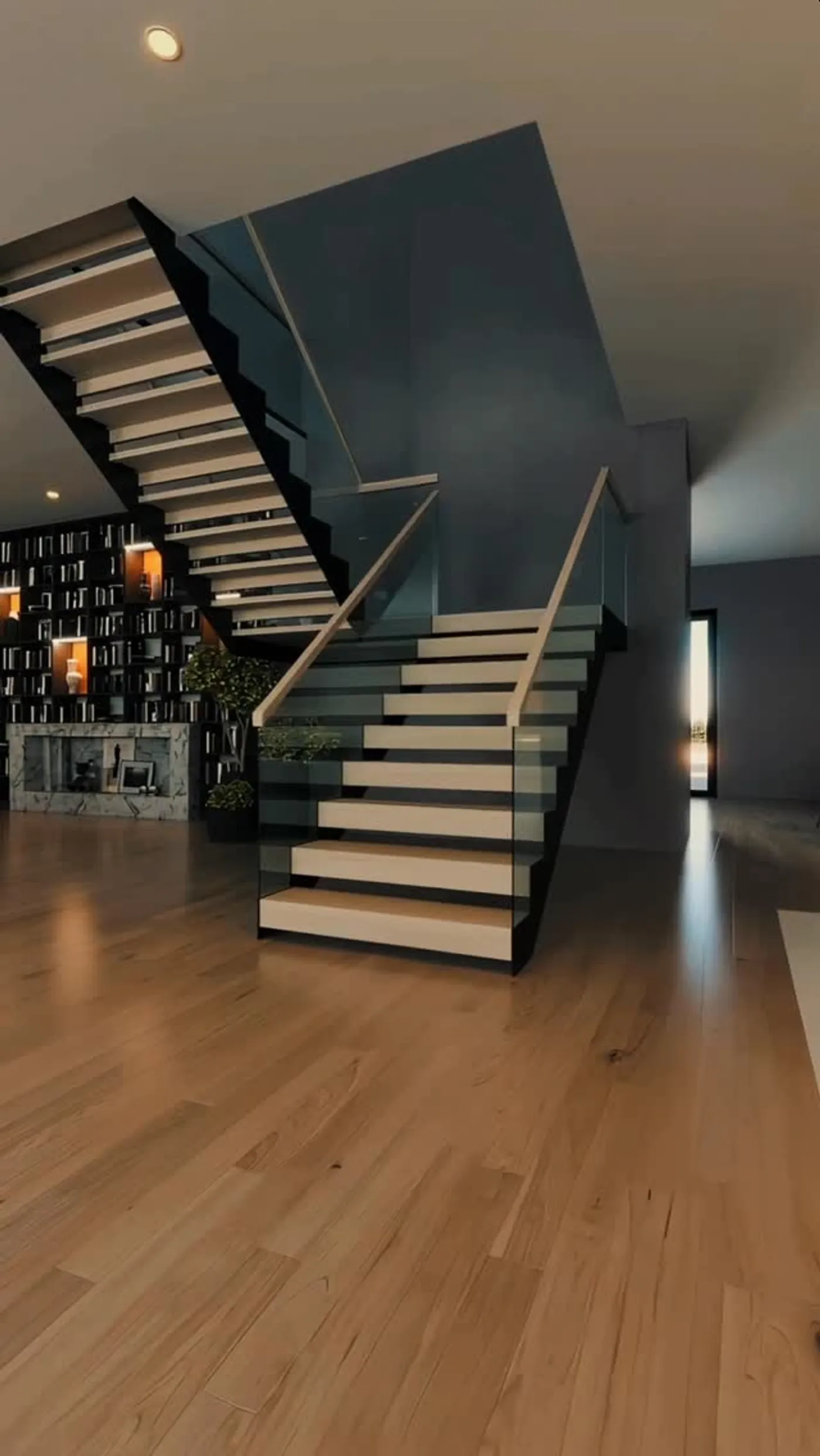 Floating staircase with glass balustrade railing system