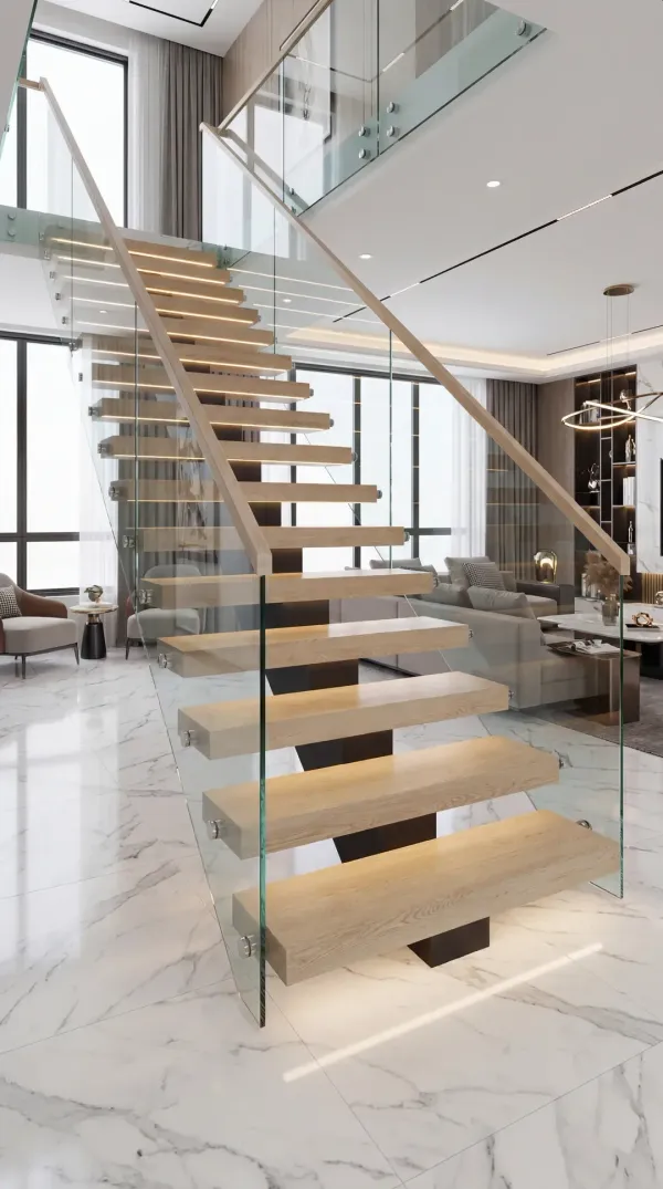 Glass tread cantilevered floating stairs