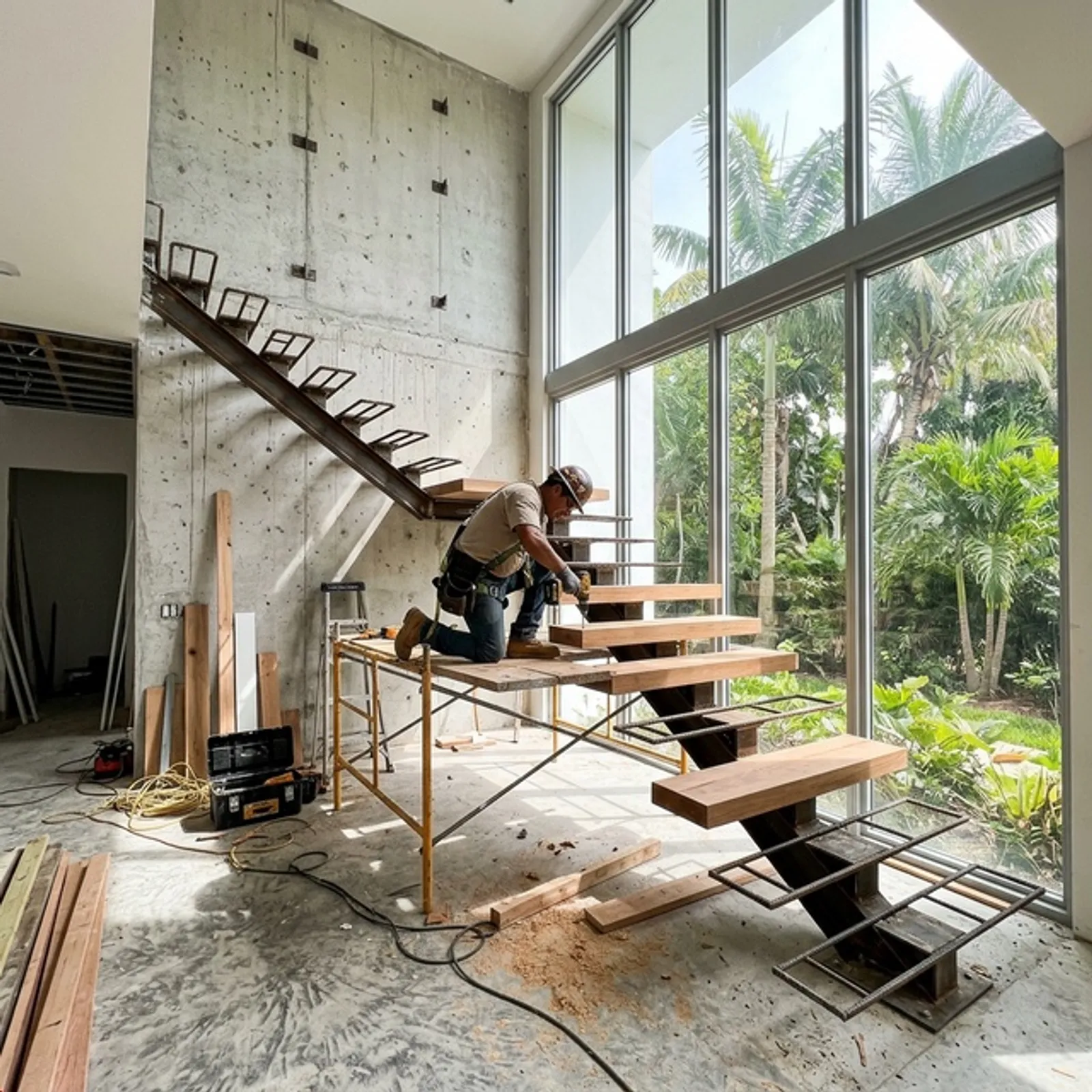Custom floating stair installation in a Houston home interior