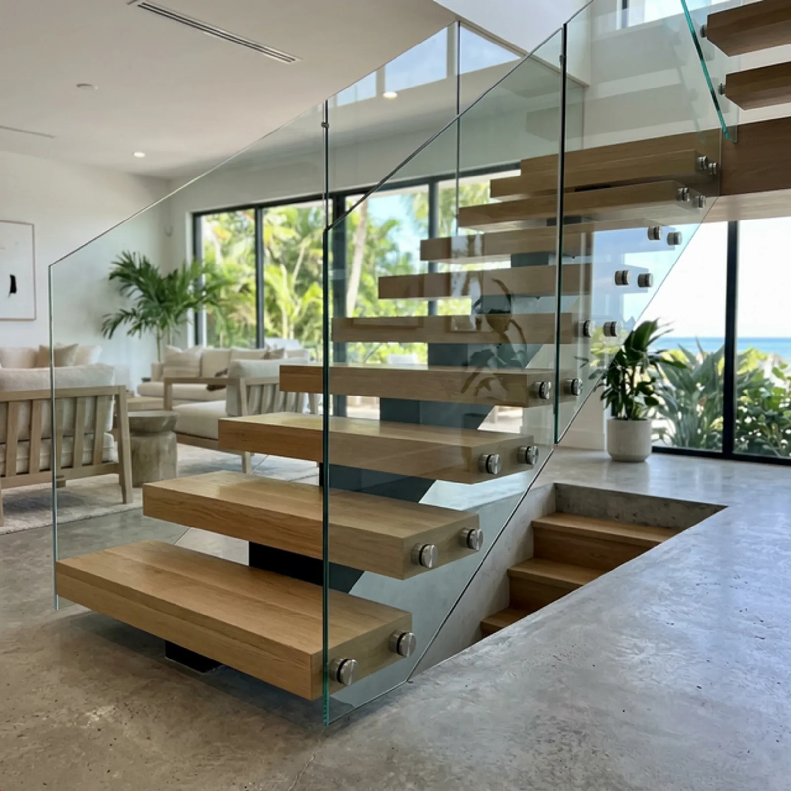 Frameless glass railing system paired with floating stairs in a Houston home